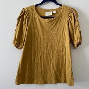 MAEVE mustard yellow cotton short puff sleeve blouse
